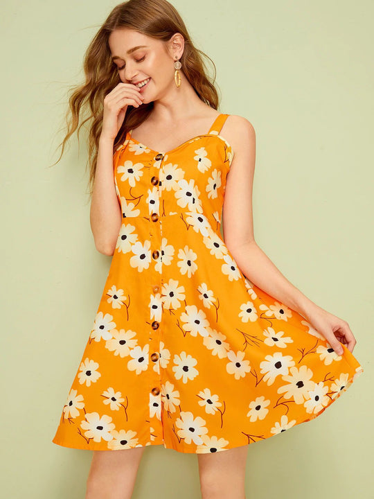 Damen Sommerkleid mit Blumenmuster und Knopfleiste R&B