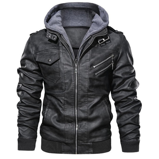 Herren Kunstlederjacke mit abnehmbarer Kapuze und mehreren Reißverschlusstaschen R&B