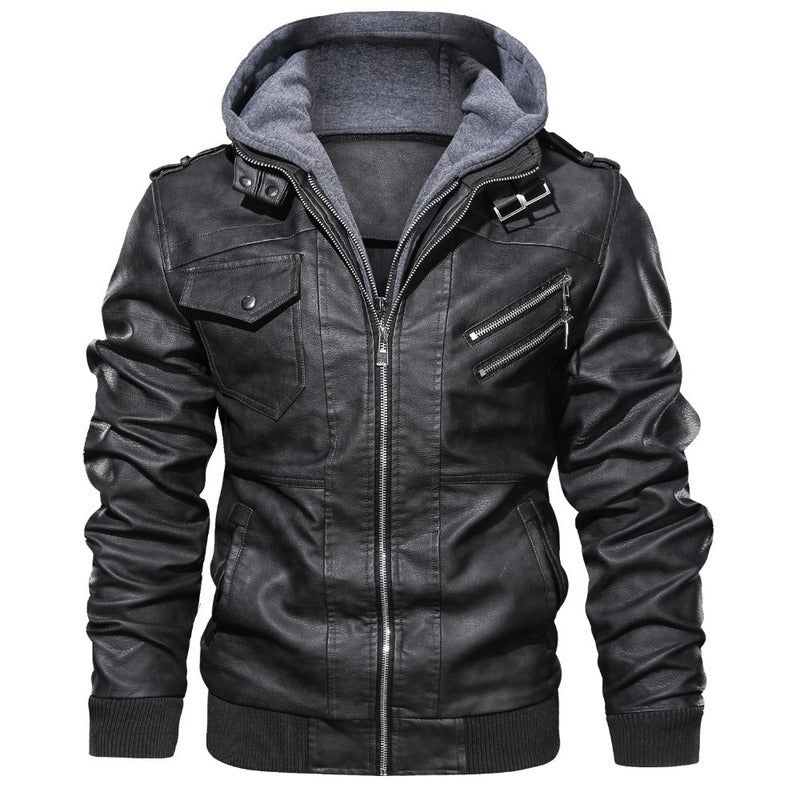 Herren Kunstlederjacke mit abnehmbarer Kapuze und mehreren Reißverschlusstaschen R&B