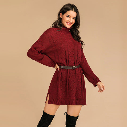 Damen Strickkleid mit hohem Kragen und seitlichen Schlitzen R&B