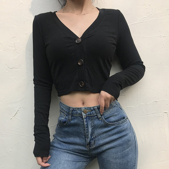 Damen Figurbetontes Langarmcropped Oberteil mit Knopfdetails R&B