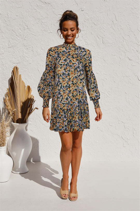 Damen Blümchen Minikleid mit voluminösen Ärmeln und dekorativem Stehkragen R&B