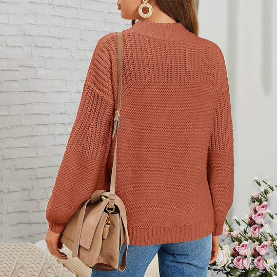 Damen kuscheliger Strickpullover mit hohem Kragen und modernen Lochdetails R&B