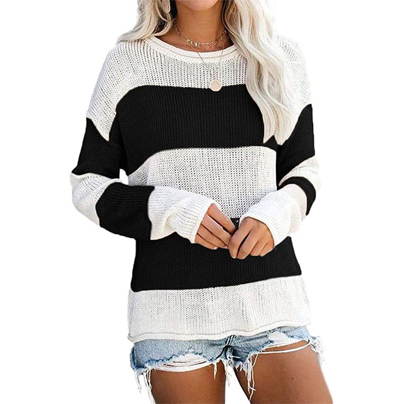 Damen lässiger Strickpullover mit modernem Blockstreifenmuster und weitem Schnitt R&B
