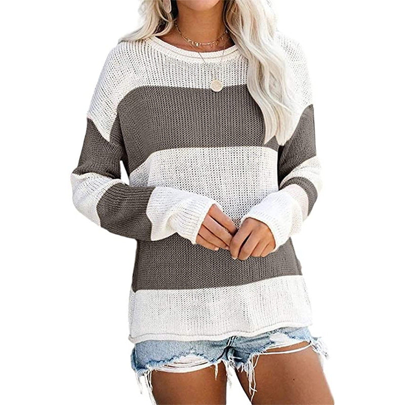 Damen lässiger Strickpullover mit modernem Blockstreifenmuster und weitem Schnitt R&B