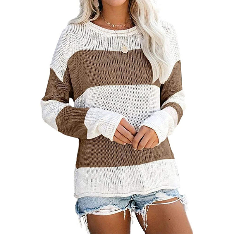 Damen lässiger Strickpullover mit modernem Blockstreifenmuster und weitem Schnitt R&B