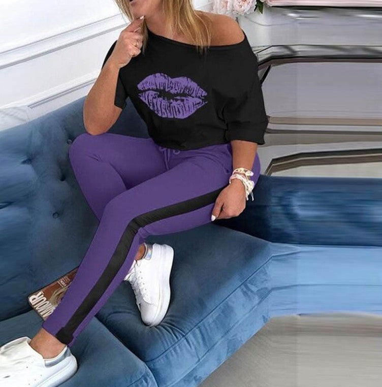 Damen stylisches T-Shirt mit Lippenmotiv R&B
