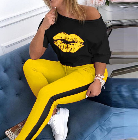 Damen stylisches T-Shirt mit Lippenmotiv R&B
