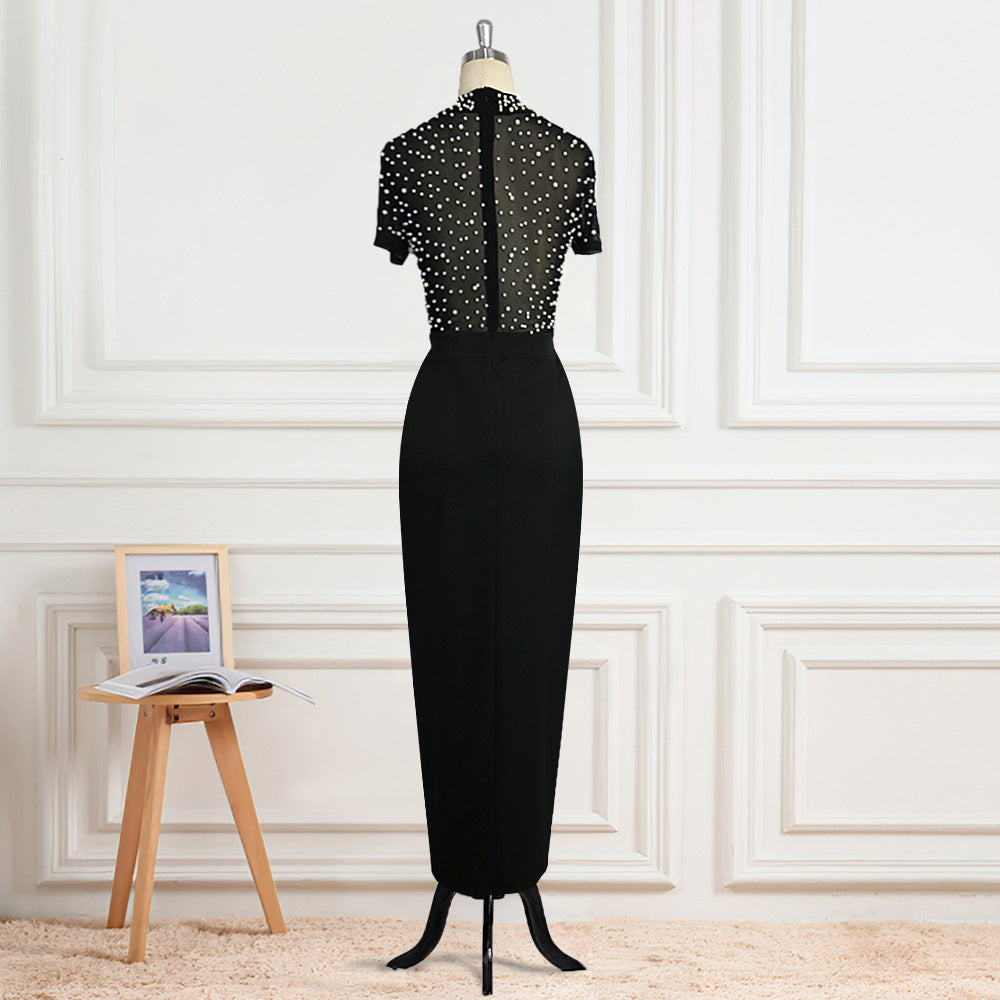 Damen Elegantes Kleid mit transparenten Puffärmeln und Perlenakzenten R&B