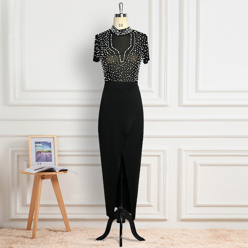 Damen elegantes Maxikleid mit transparentem Oberteil und schimmernden Perlen R&B