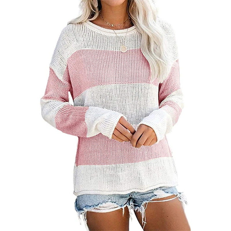 Damen lässiger Strickpullover mit modernem Blockstreifenmuster und weitem Schnitt R&B
