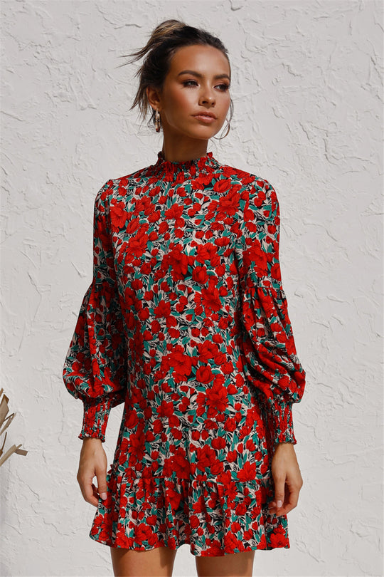 Damen Blümchen Minikleid mit voluminösen Ärmeln und dekorativem Stehkragen R&B