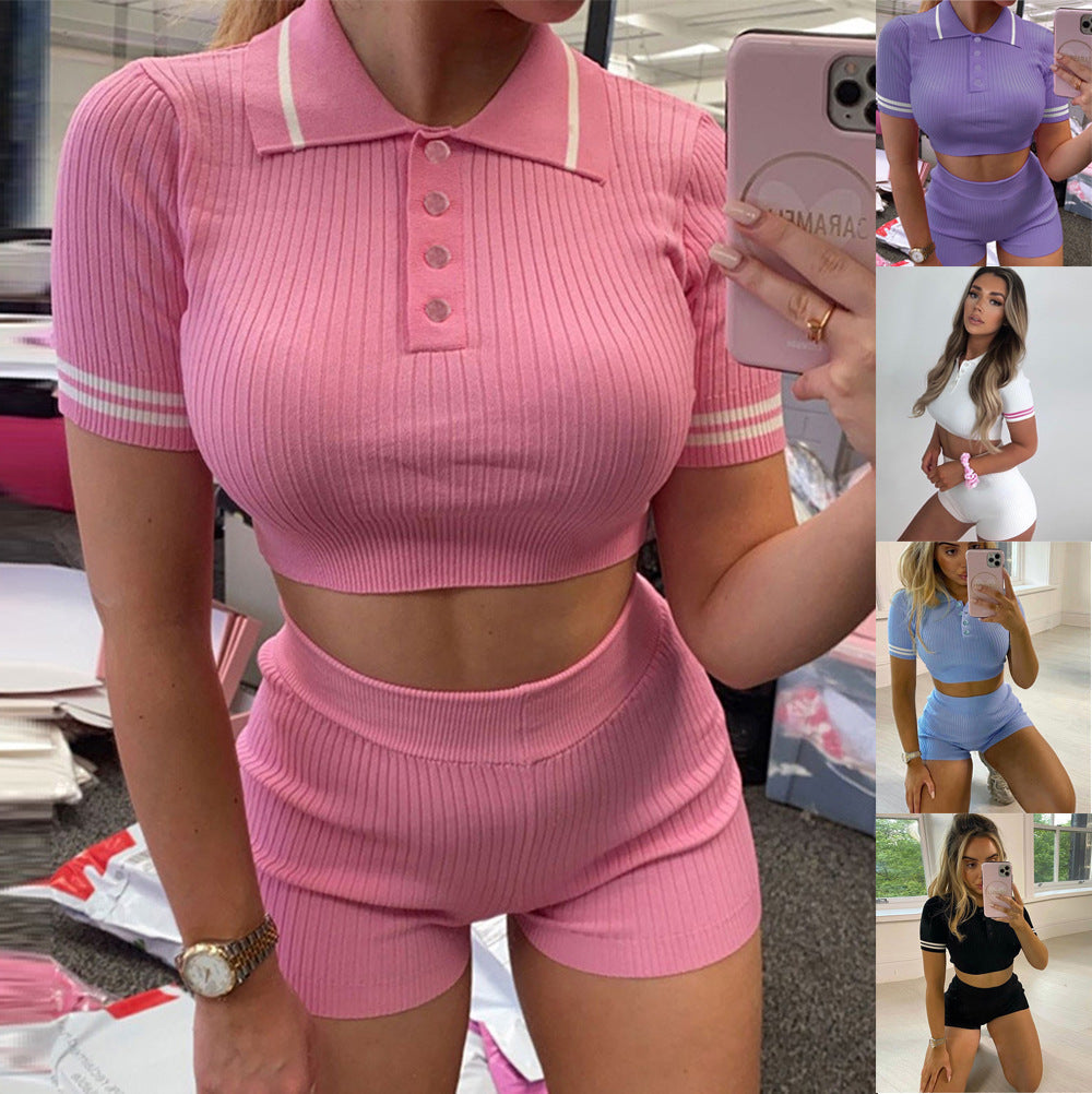 Damen Sportliches Kurzarm-Set mit hohen Bund und strukturiertem Stoff R&B