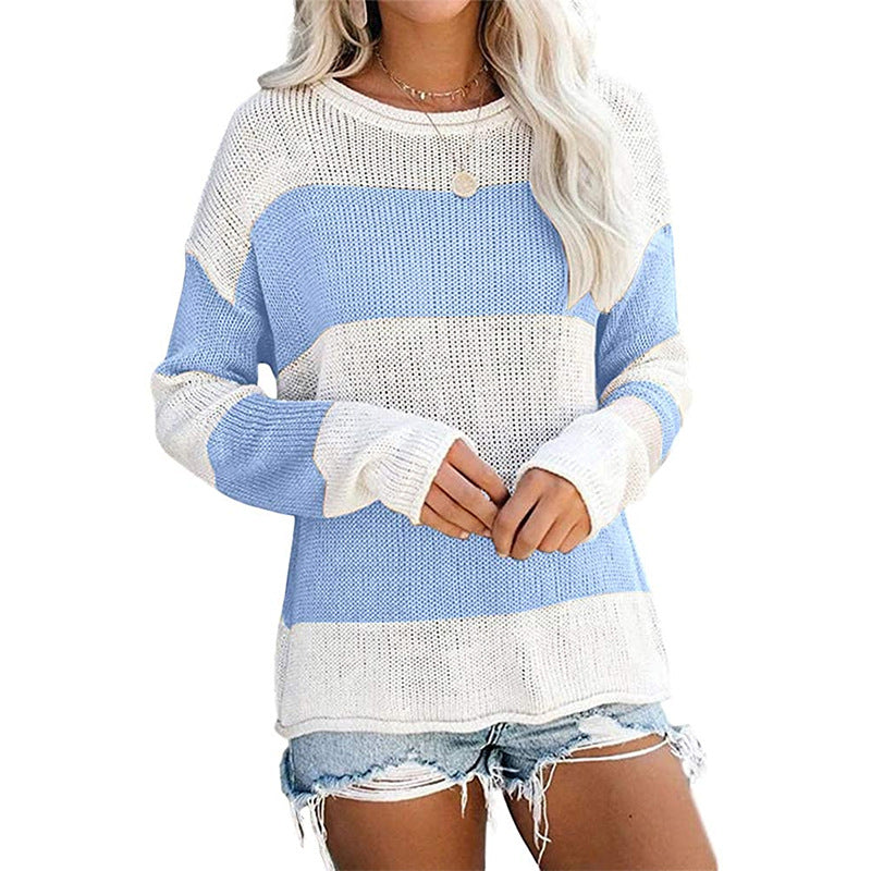 Damen lässiger Strickpullover mit modernem Blockstreifenmuster und weitem Schnitt R&B