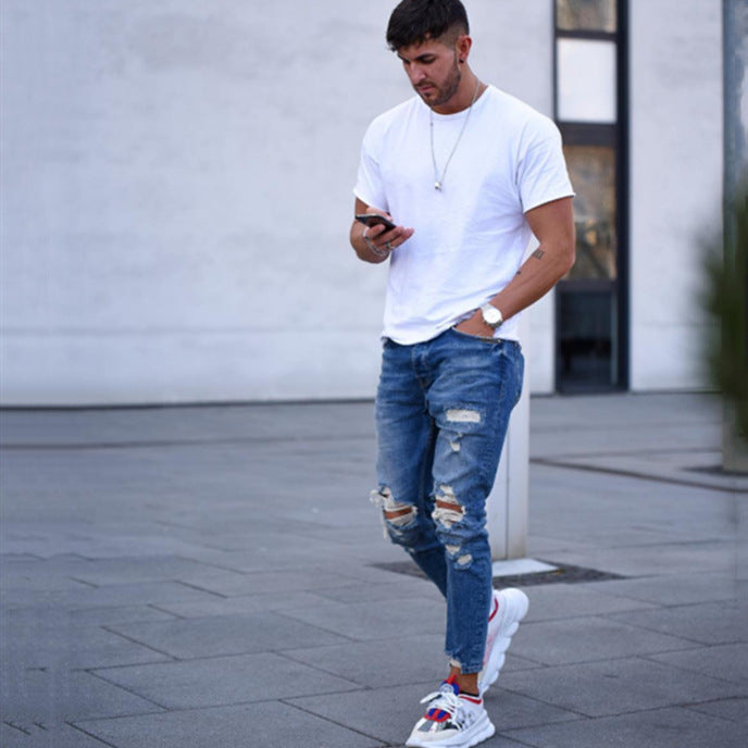 Herren modische Slim Fit Jeans mit angesagten Rissen und Verjüngung R&B