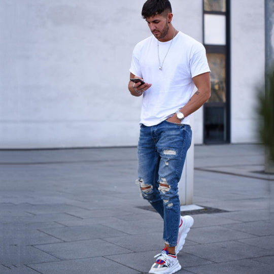 Herren modische Slim Fit Jeans mit angesagten Rissen und Verjüngung R&B