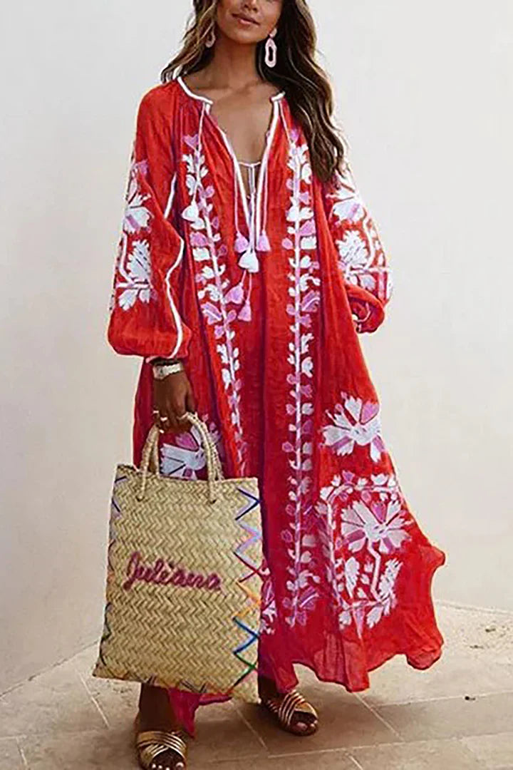 Langes Kleid im Bohemian-Stil mit Blumendruck