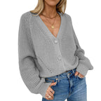 Damen Strickjacke mit V-Ausschnitt und hersonderem Knopfdesign R&B