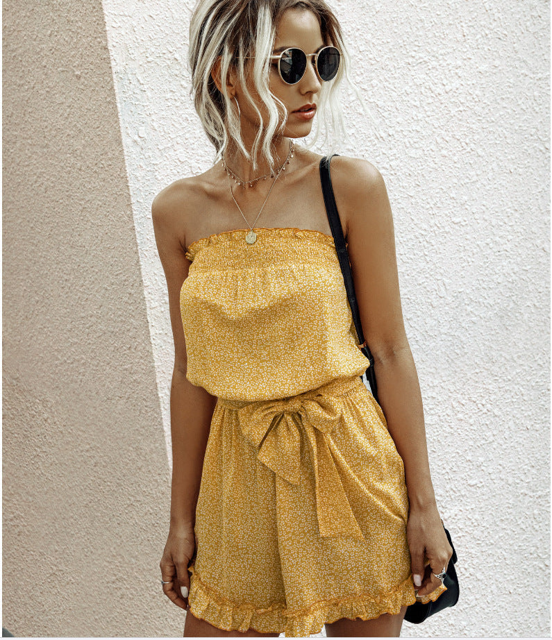 Damen Off-Shoulder Spielanzug mit Rüschendetails und Bindegürtel R&B