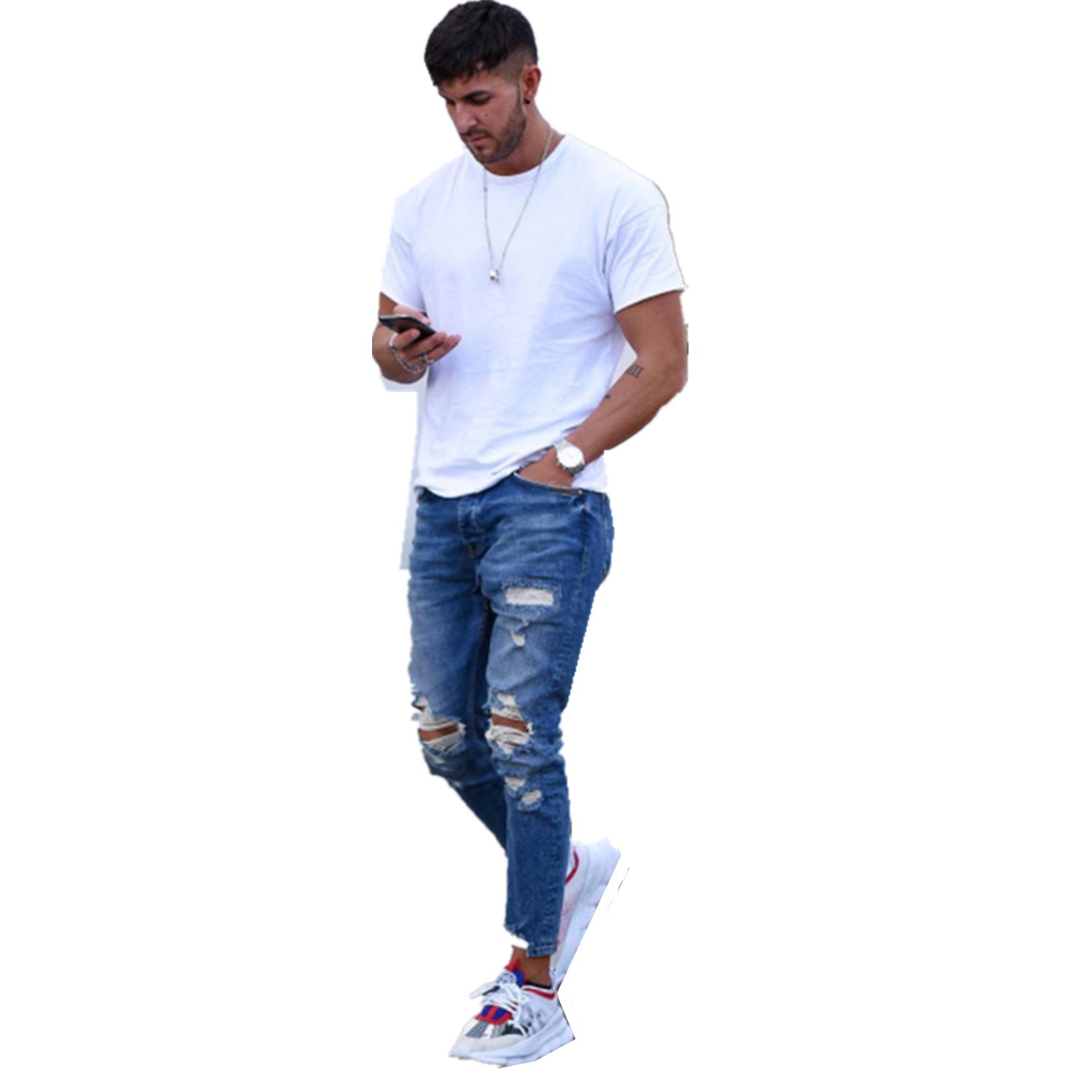 Herren modische Slim Fit Jeans mit angesagten Rissen und Verjüngung R&B