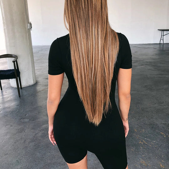 Damen Sportlicher Kurzarm-Jumpsuit mit farbigem Reißverschluss und figurbetontem Schnitt R&B