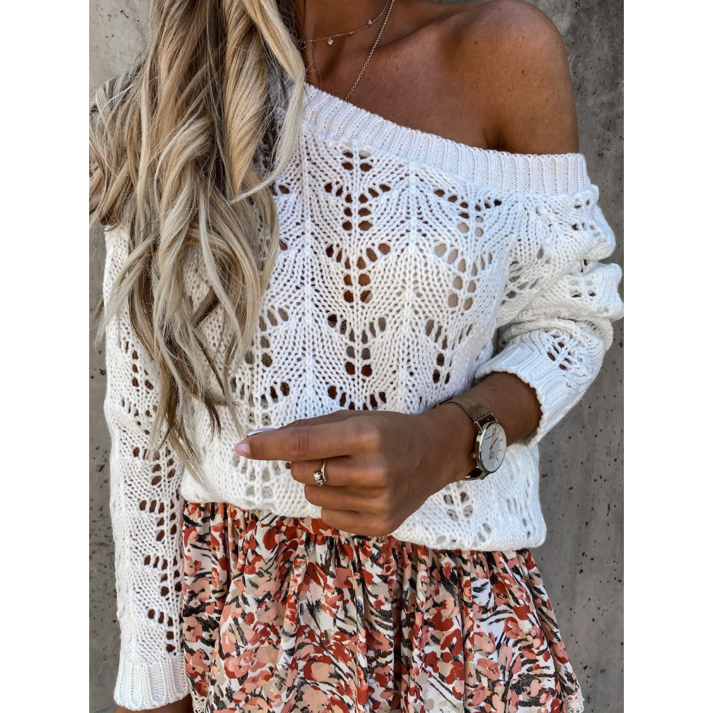 Damen Off-Shoulder Strickpullover mit floralem Lochmuster R&B