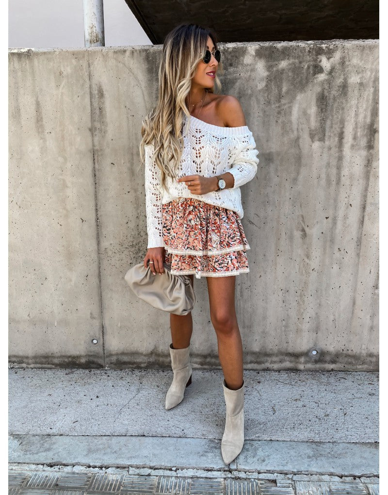Damen Off-Shoulder Strickpullover mit floralem Lochmuster R&B