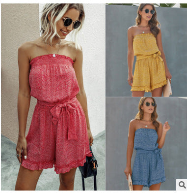 Damen Off-Shoulder Spielanzug mit Rüschendetails und Bindegürtel R&B