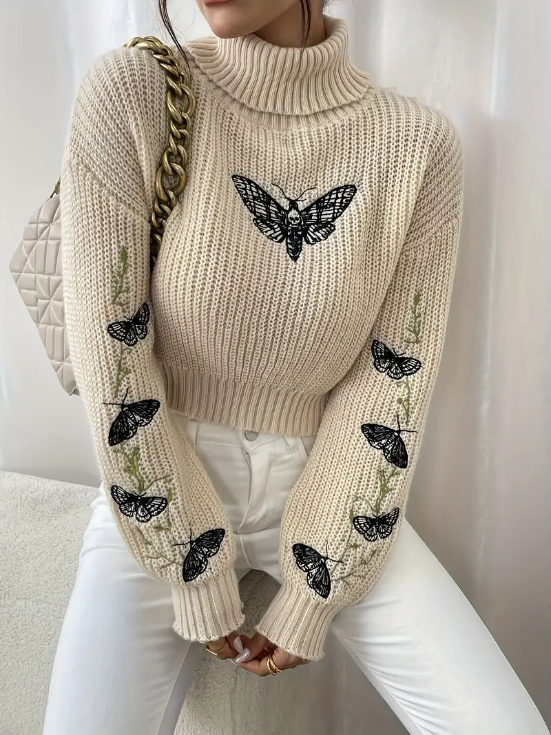 R&B | Sweater mit Schmetterlingsmuster und hohem Kragen - Elegante Damenmode