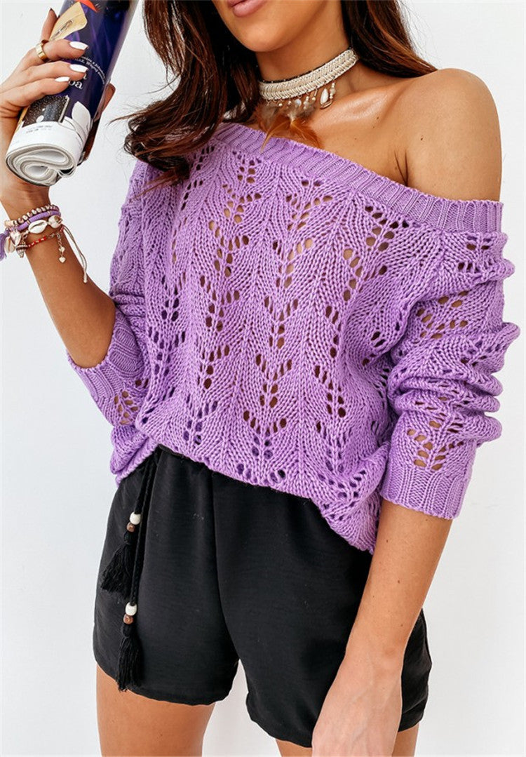 Damen Off-Shoulder Strickpullover mit floralem Lochmuster R&B