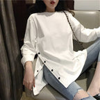 Damen Langarmshirt mit asymmetrischem Schnitt und dekorativen Knöpfen