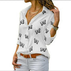 Damen nan lockere Longbluse mit Schmetterlingsprint und Hemdkragen R&B