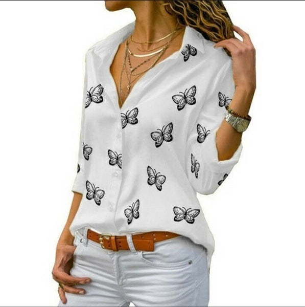 Damen nan lockere Longbluse mit Schmetterlingsprint und Hemdkragen R&B