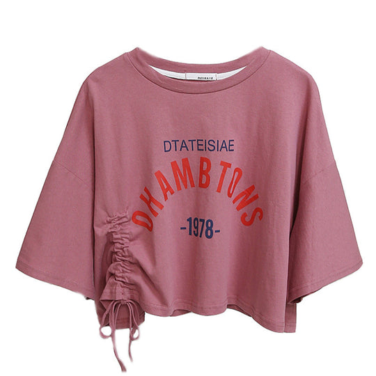 Damen cropped T-Shirt mit lässigem Kordelzug und kreativem Schriftzug R&B