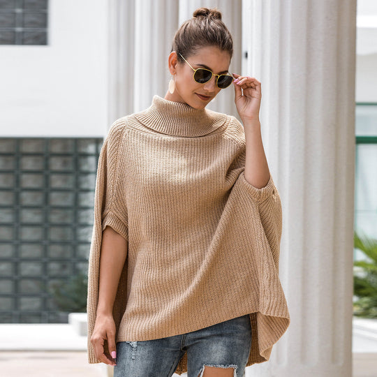 Damen Strickponcho mit stiltauglichem Rollkragen und offenen Ärmeln R&B