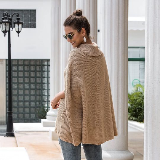 Damen Strickponcho mit stiltauglichem Rollkragen und offenen Ärmeln R&B