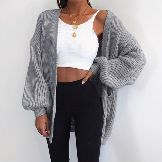 Damen Grobstrick-Cardigan mit weitem Schnitt und lässigen Puffärmeln R&B