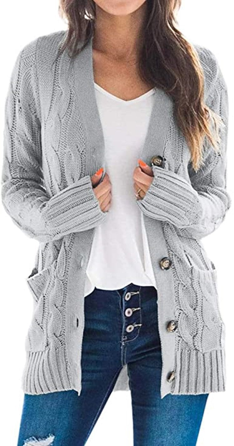 Damen Strickjacke mit grobem Zopfdesign und praktischen Taschen