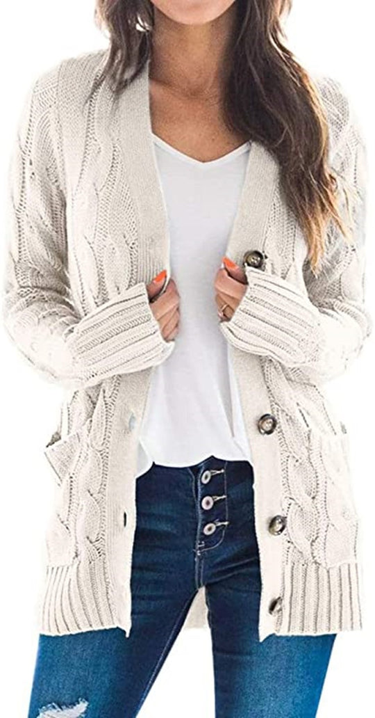 Damen Strickjacke mit grobem Zopfdesign und praktischen Taschen R&B