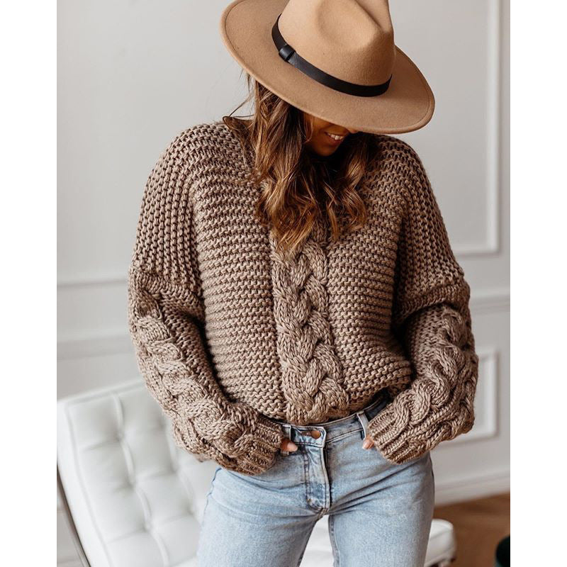 Damen Grobstrickpullover mit Zopfmuster und weiten Ärmeln R&B