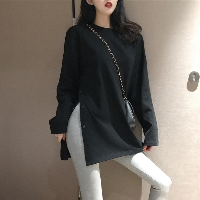 Damen Langarmshirt mit asymmetrischem Schnitt und dekorativen Knöpfen