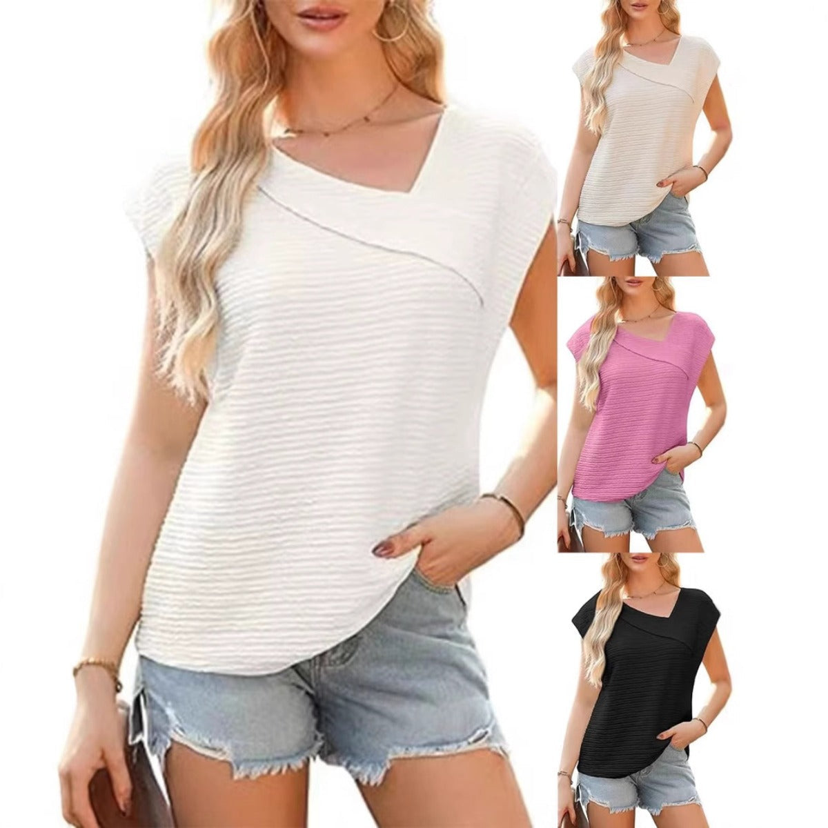 R&B | T-Shirt mit schrägem Ausschnitt und kurzen Ärmeln