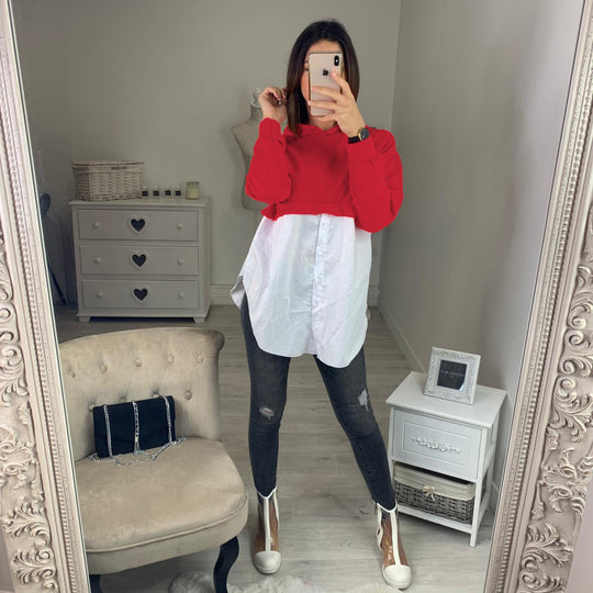 Damen Cropped Hoodie mit modischer Hemdbluse kombiniert R&B
