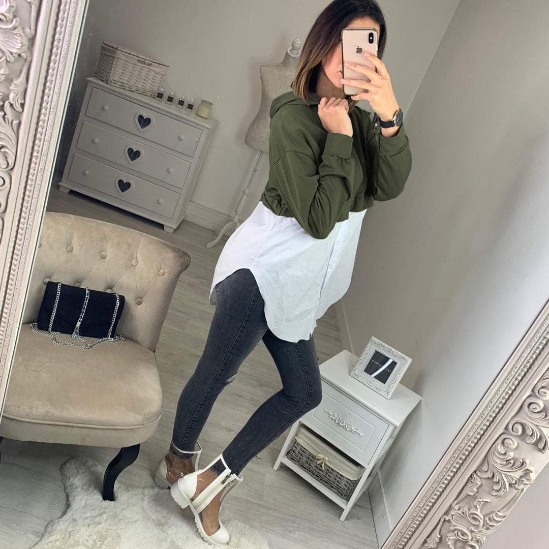 Damen Cropped Hoodie mit modischer Hemdbluse kombiniert R&B