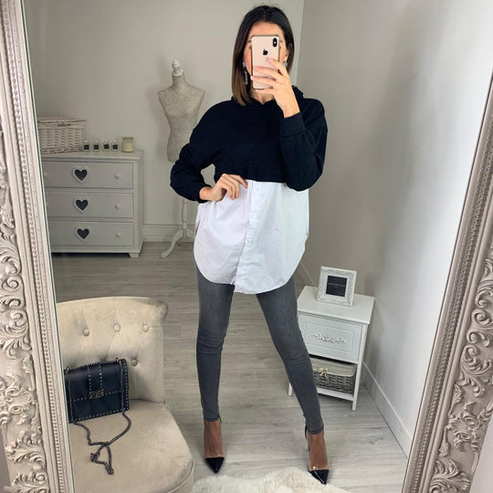 Damen Cropped Hoodie mit modischer Hemdbluse kombiniert R&B