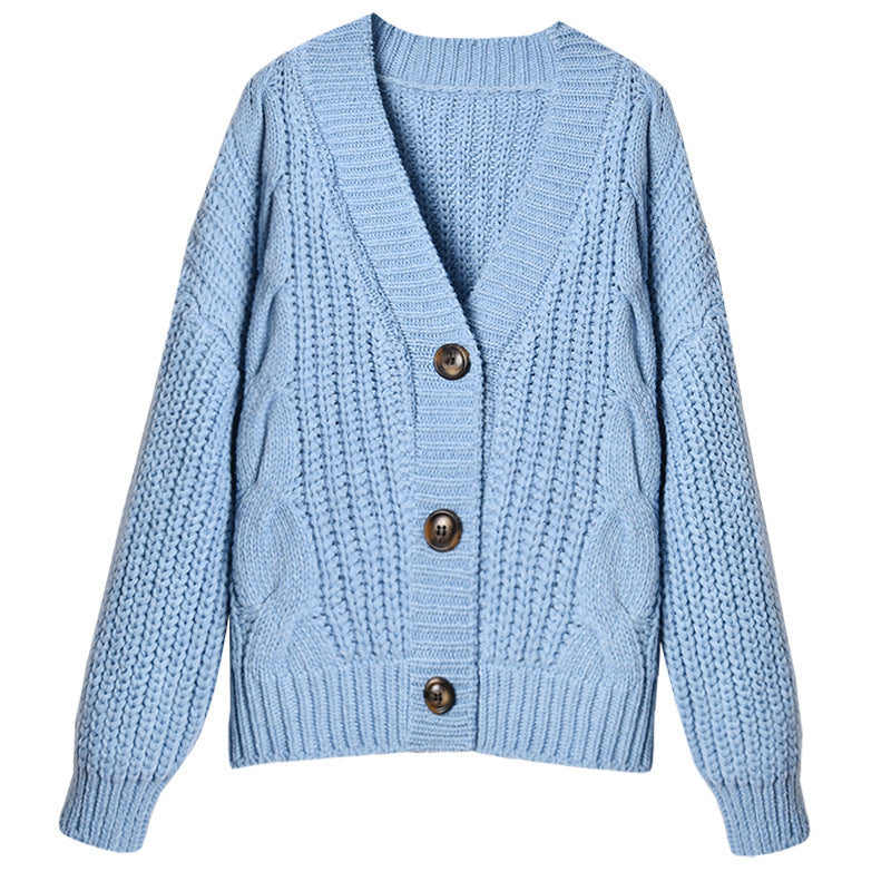 Damen Grobstrickjacke mit V-Ausschnitt und modischen Knöpfen R&B