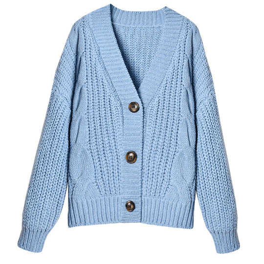 Damen Grobstrickjacke mit V-Ausschnitt und modischen Knöpfen R&B