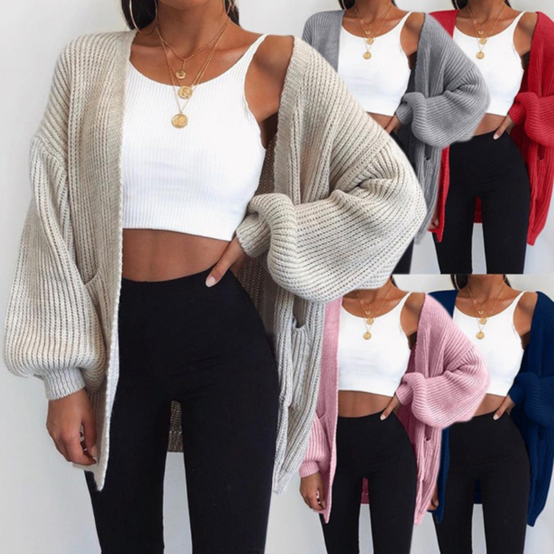 Damen Grobstrickcardigan mit lässigen Oversized-Ärmeln und großen Taschen