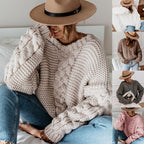 Damen Grobstrickpullover mit Zopfmuster und weiten Ärmeln