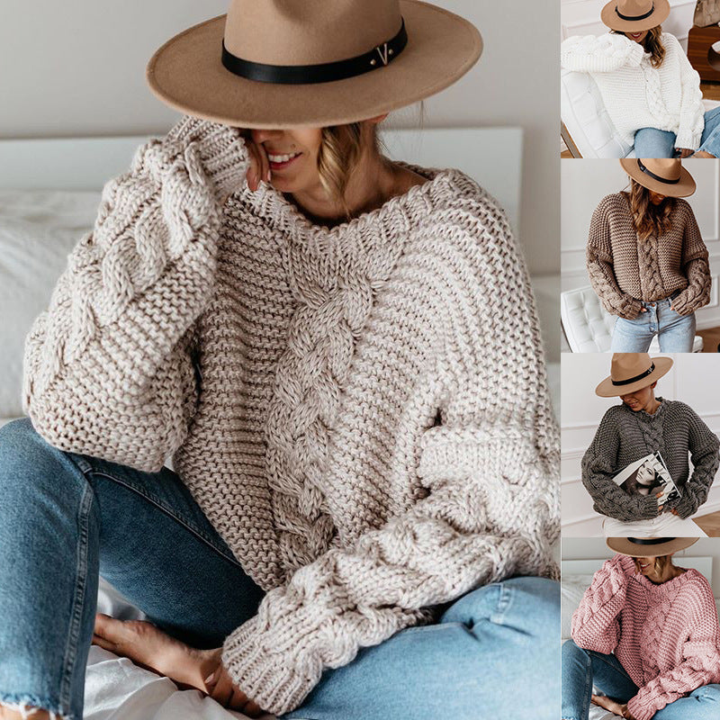 Damen Grobstrickpullover mit Zopfmuster und weiten Ärmeln
